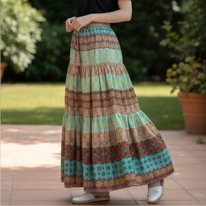 Zara Boho Tiered Maxi Skirt in Teal & Multicolor XS